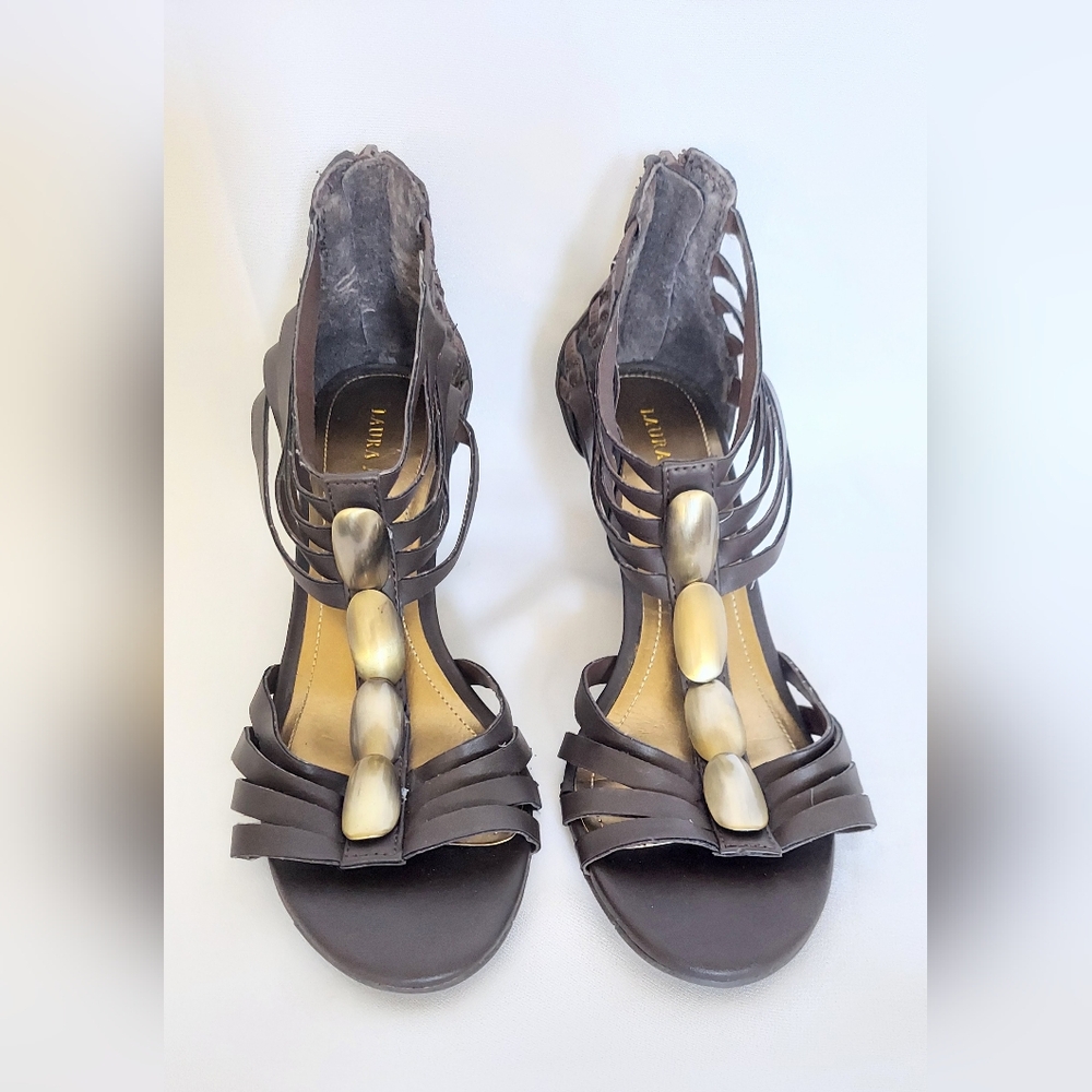 Laura Ashley La Vivial Block Wedge Heels Gold Accent Size 7.5B